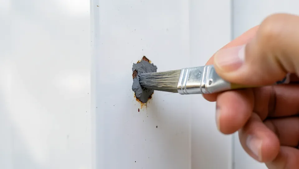 Spot-priming a small rust spot on a metal door before repainting