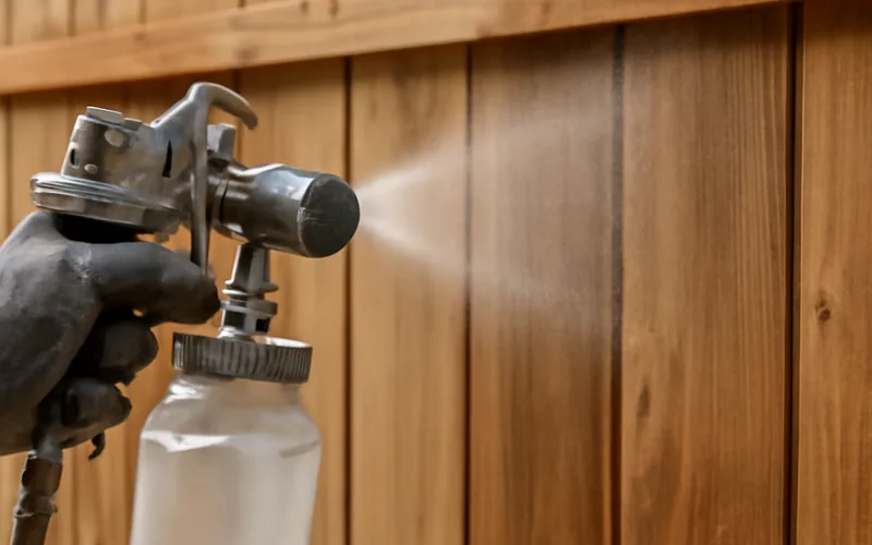 paint sprayer nozzle applying fine mist of clear sealant onto a wooden fence paint sprayer nozzle applying fine mist of clear sealant onto a wooden fence
