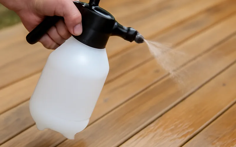 handheld sprayer applying clear water sealer onto wooden deck boards outdoors handheld sprayer applying clear water sealer onto wooden deck boards outdoors
