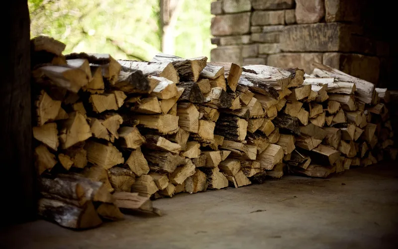 Stacked firewood drying outdoors, showing visible checking/cracks that indicate lower moisture content Stacked firewood drying outdoors, showing visible checking/cracks that indicate lower moisture content