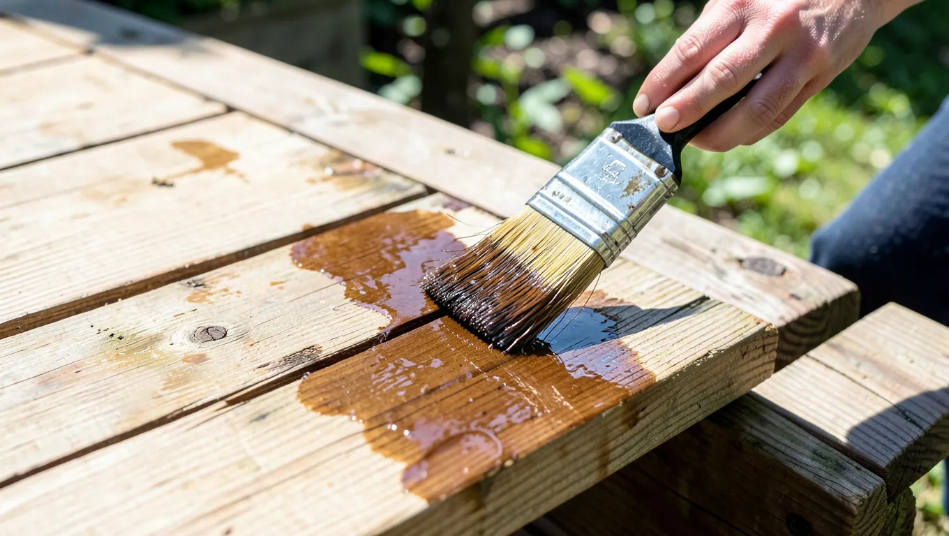 A paintbrush applying stain to a pressure-treated wood deck board