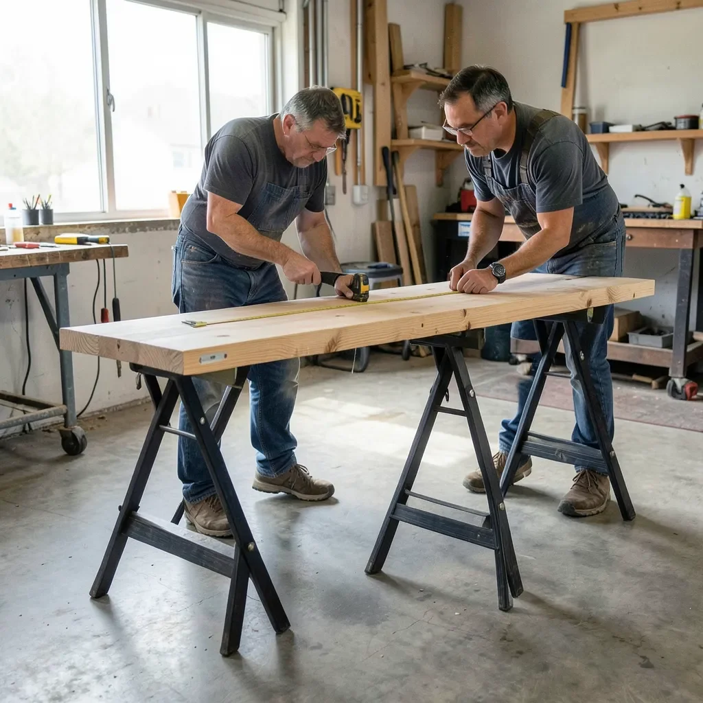 Adjustable folding sawhorses supporting a wooden board in a workshop