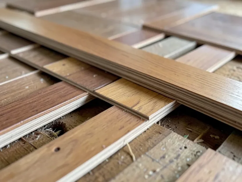 Solid hardwood planks laid out on the subfloor during acclimation before nail-down installation