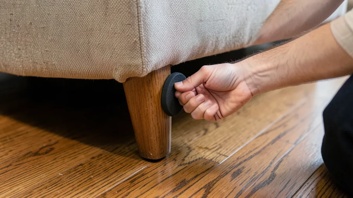 Applying a rubber non-slip gripper pad to a couch leg on hardwood