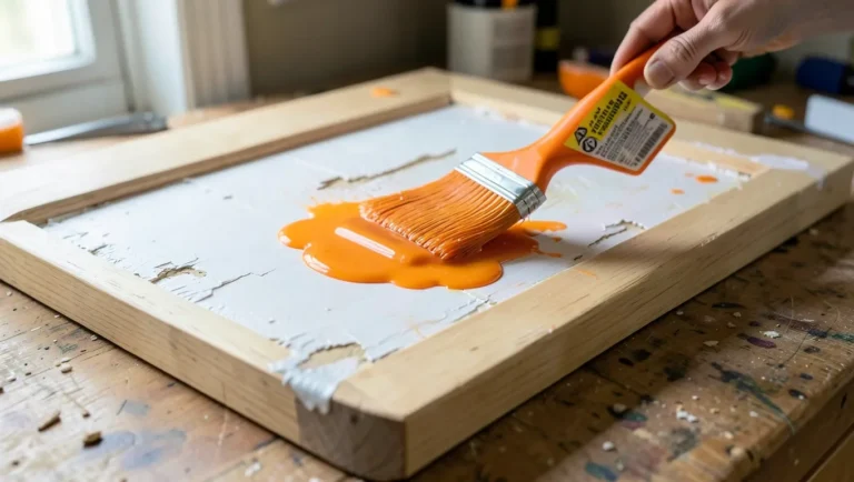 Applying citrus-based chemical paint stripper gel to an old painted wood cabinet frame