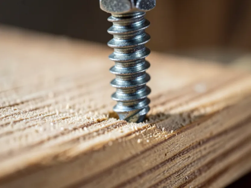 Structural screw being driven into a deck ledger board connection with a drill