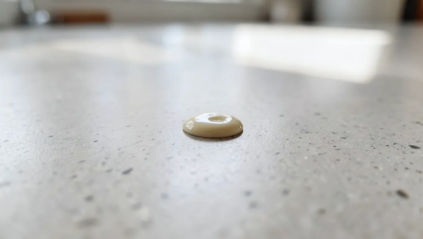 A dried super glue drop on a laminate countertop