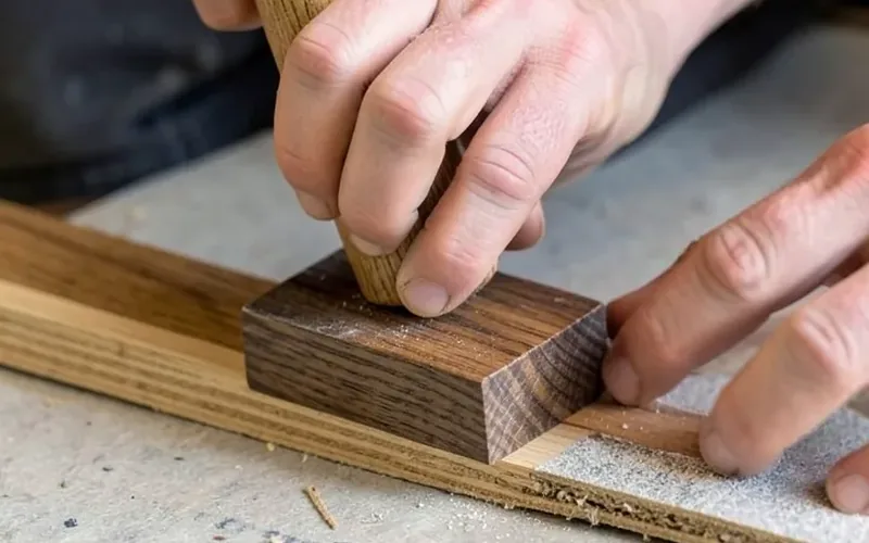 Hands using a tapping block and mallet to seat an engineered hardwood plank Hands using a tapping block and mallet to seat an engineered hardwood plank