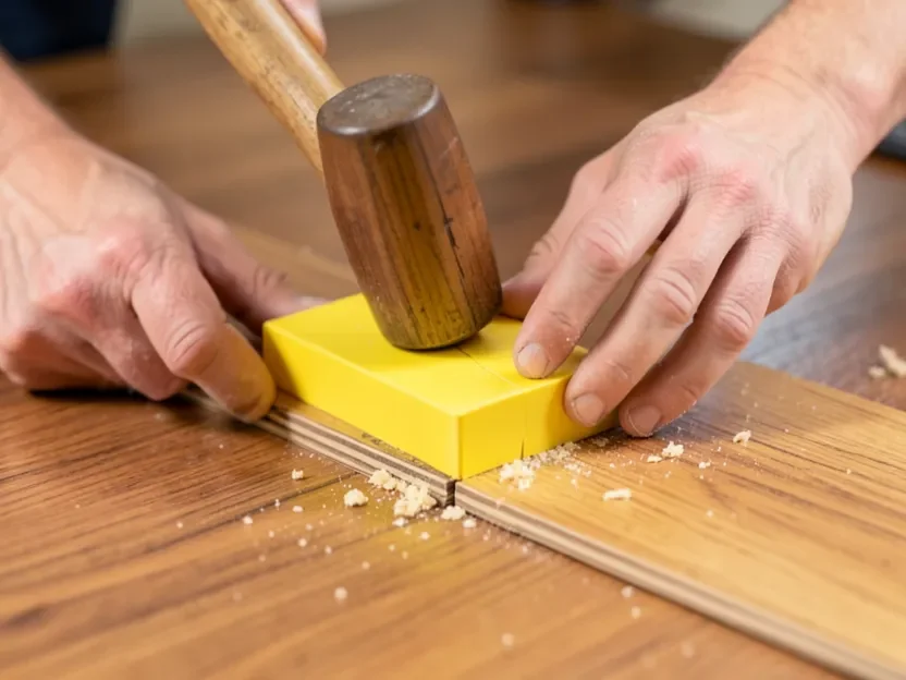 Tapping block and mallet locking engineered hardwood click-lock flooring planks together