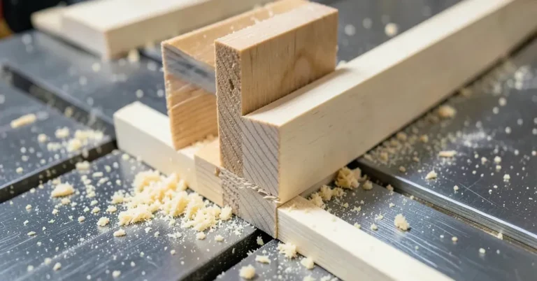 Thin strip ripping jig mounted on a table saw fence cutting narrow wood strips
