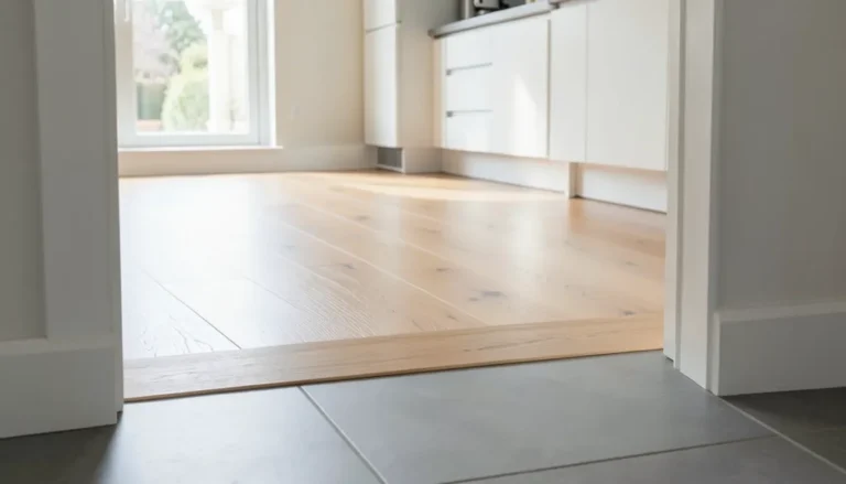 Wood floor transition strip bridging a tile floor and hardwood floor at a doorway