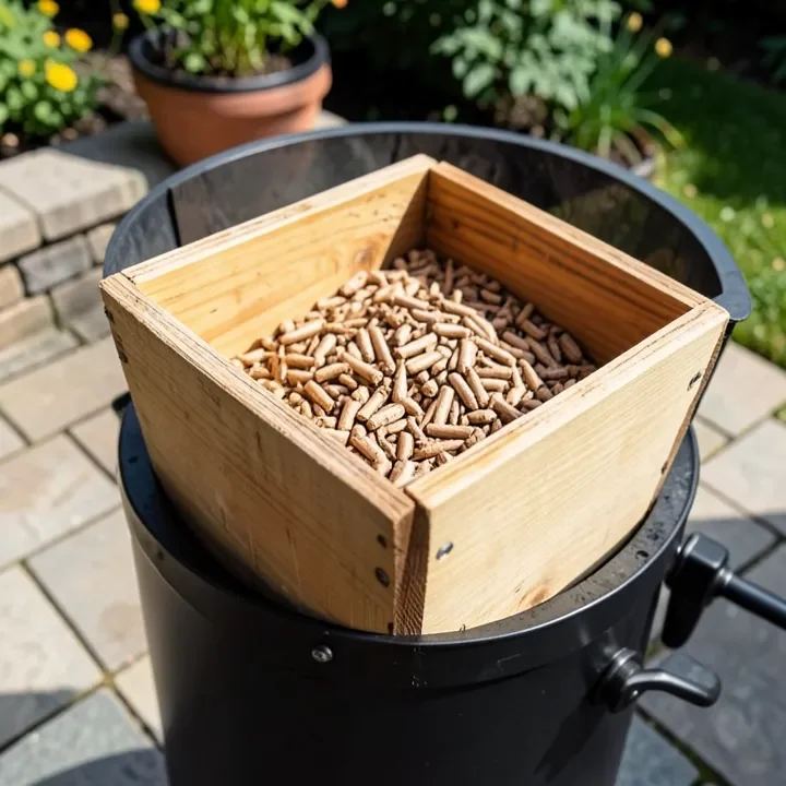 A pellet grill hopper being filled with wood pellets