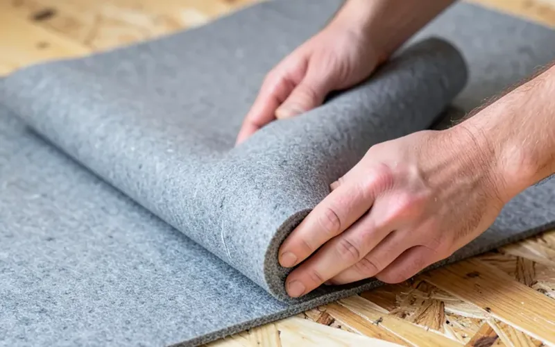 Hands unrolling foam underlayment across a plywood subfloor Hands unrolling foam underlayment across a plywood subfloor