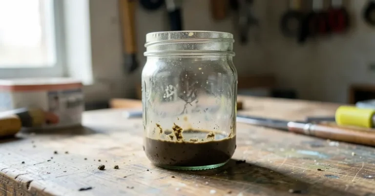 Jar of used paint thinner with paint sediment settled at the bottom