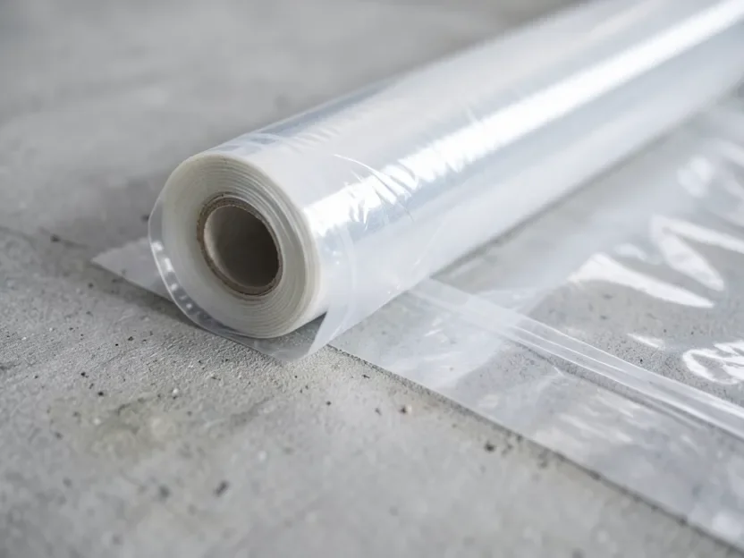 6-mil plastic vapor barrier rolled out over a concrete subfloor before flooring installation