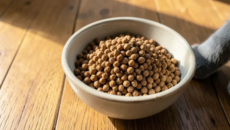 Natural walnut shell cat litter in a bowl with a cat's paw reaching toward it
