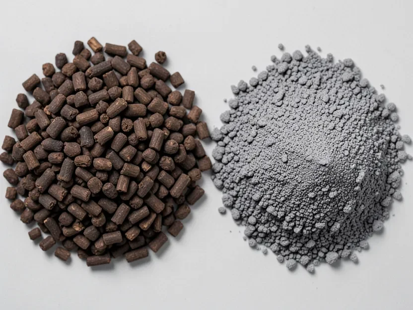 Close-up comparison of coarse walnut shell litter pellets next to fine clumping clay litter