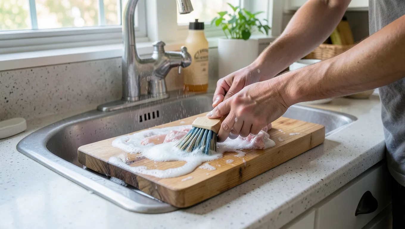 Scrubbing a wood cutting board with hot soapy water at a kitchen sink after raw chicken preparation