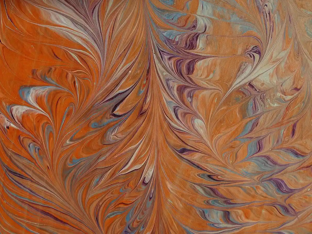 Feather-pattern marbled paper made using water marbling technique