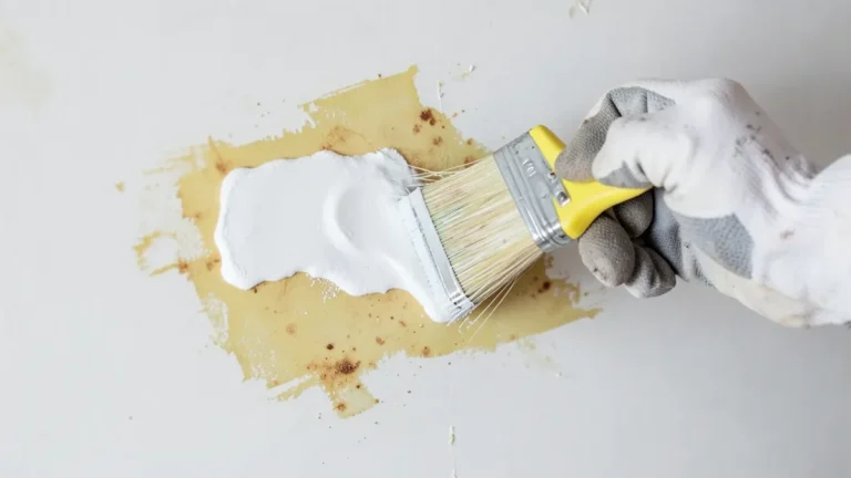 Primer being brushed over a water stain to stop it bleeding through paint