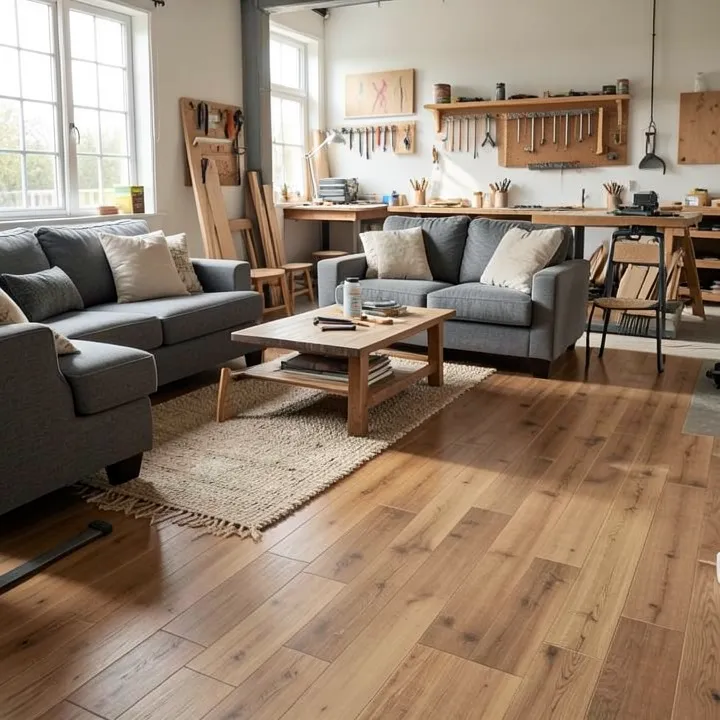 modern living room floor showing engineered wood plank installation