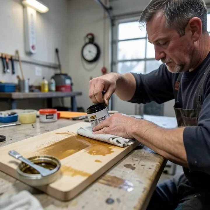 Applying wood stain to a board with a thermometer showing cold temperature