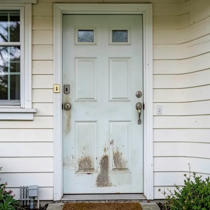 Faded, chalky fiberglass door showing UV weathering from being left unpainted