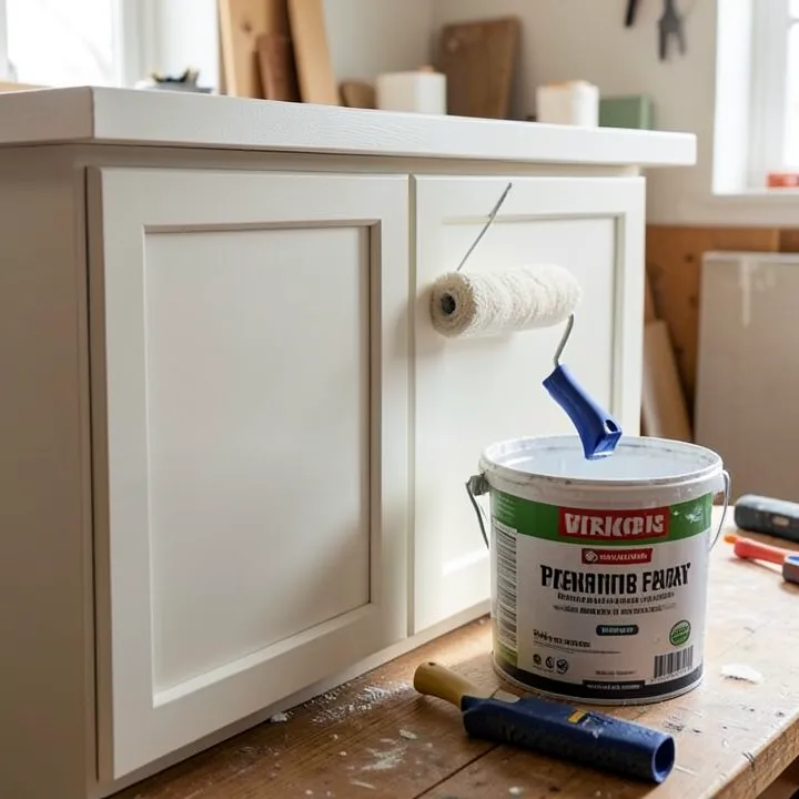 paint roller and paint bucket for smooth cabinet painting finish renovation