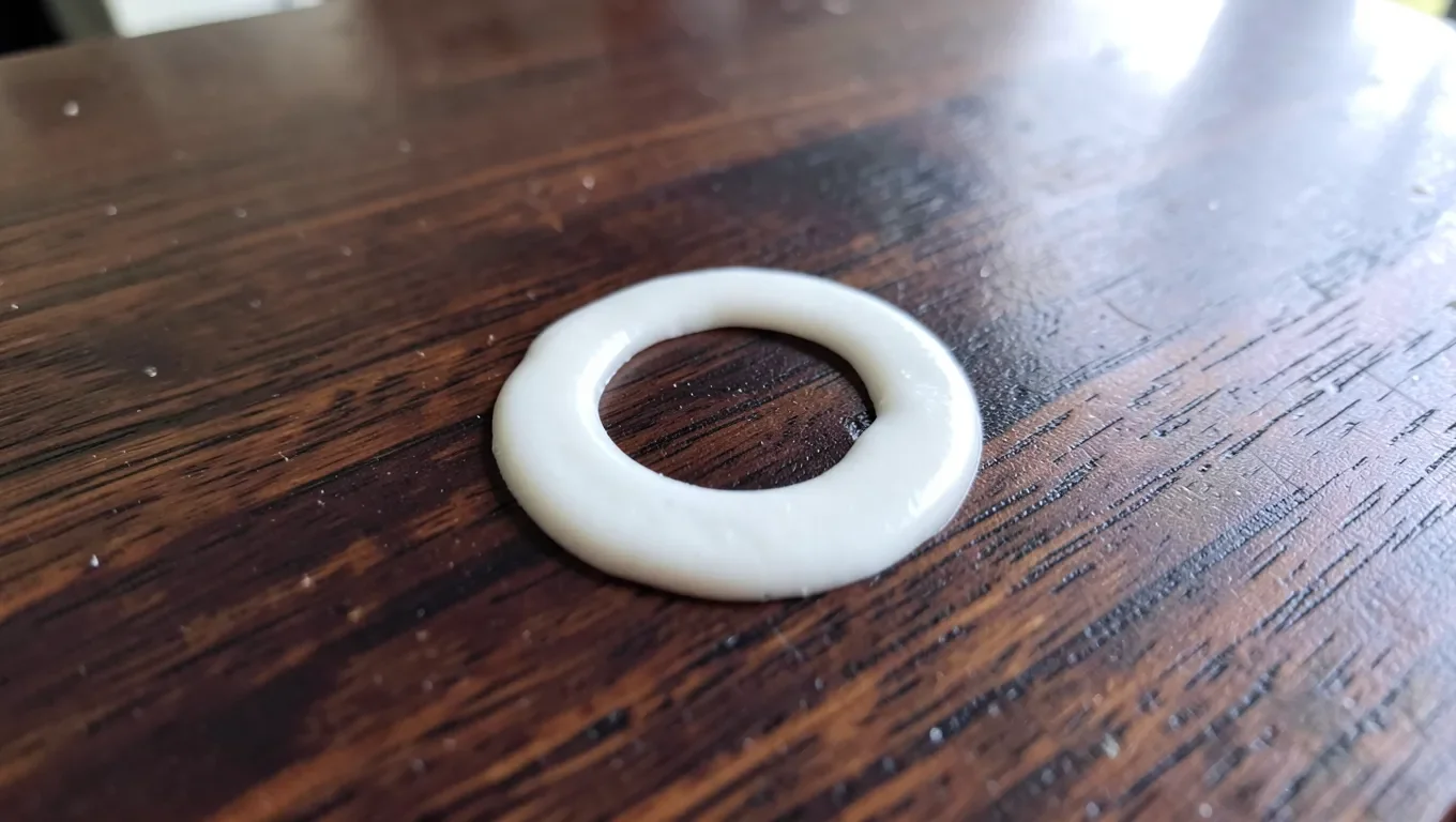White ring water stain on a dark wood table surface