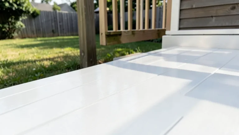 Pressure-treated wood deck freshly coated in white opaque exterior stain