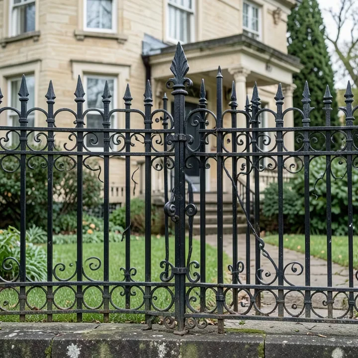 Restored antique black wrought iron fence with ornate scrollwork