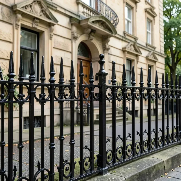 Ornate antique wrought iron fence freshly painted black