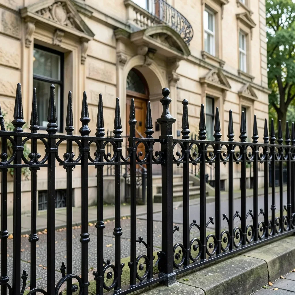 Ornate antique wrought iron fence freshly painted black