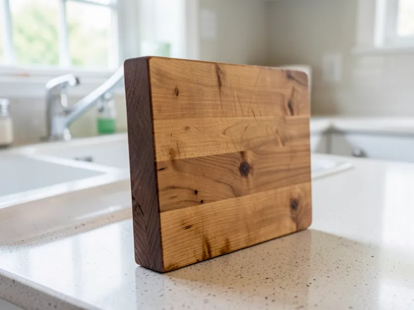 Wood cutting board standing upright on its edge to air dry on a kitchen counter