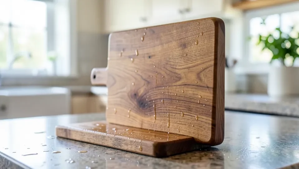 Wooden cutting board standing upright to air dry completely