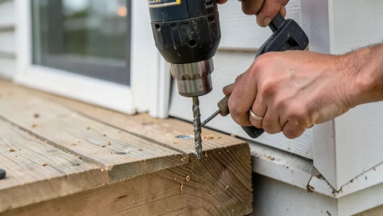 Driving a structural screw into a deck ledger board with a drill