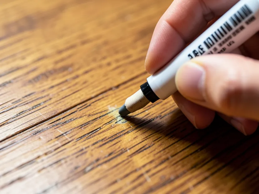 Using a color-matched wood touch-up marker to fill a dog scratch on a hardwood floor