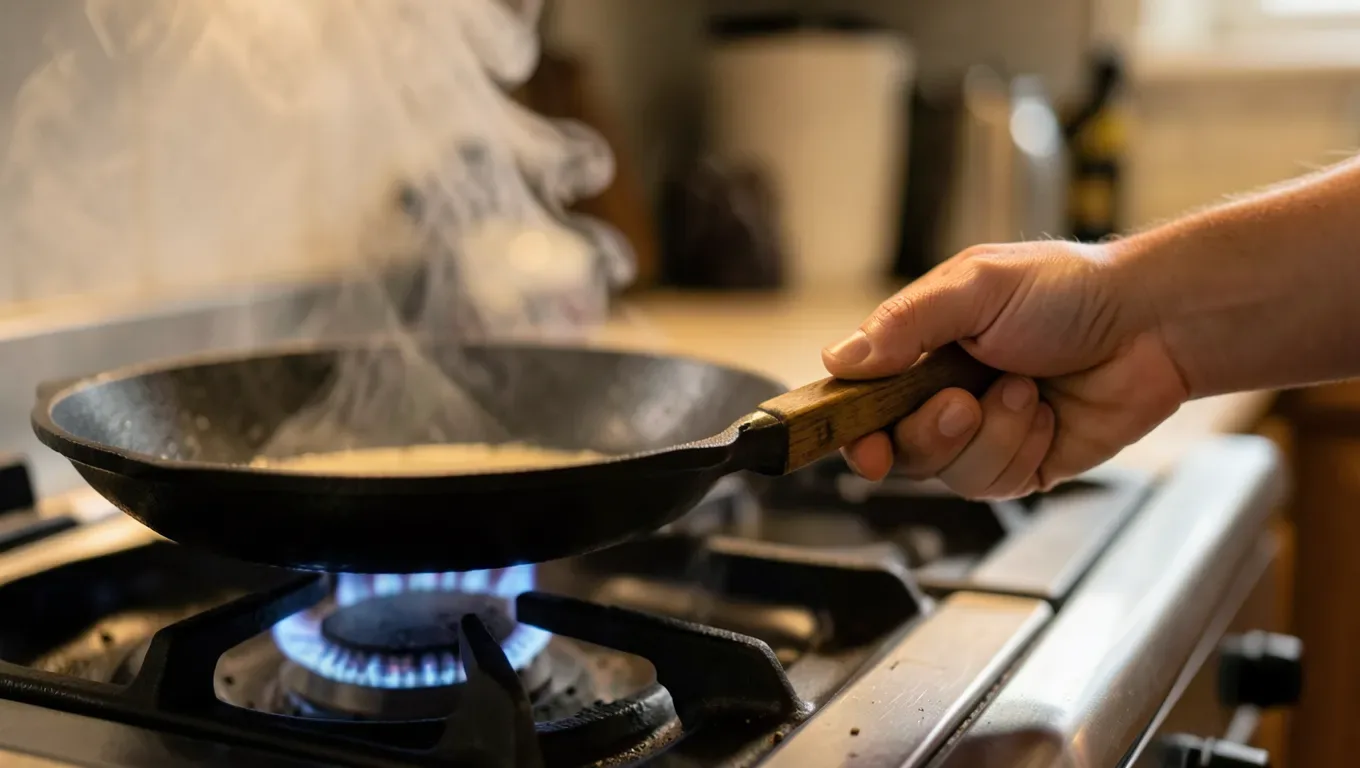 Hand gripping a cool wooden handle on a cast iron skillet over a lit stovetop