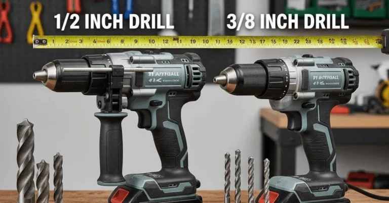 1/2 inch drill next to 3/8 inch drill comparing chuck size