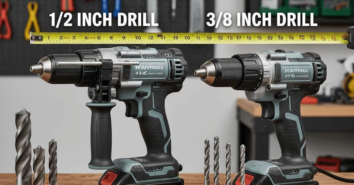 1/2 inch drill next to 3/8 inch drill comparing chuck size