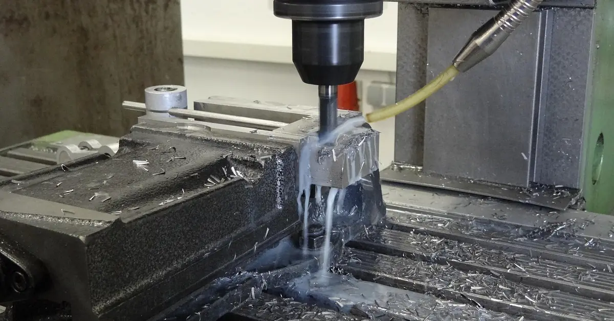 Milling machine drilling into metal with cutting fluid flowing to control heat and clear shavings
