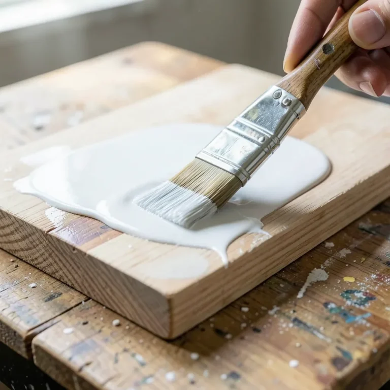 Paintbrush applying acrylic paint onto a raw wooden board