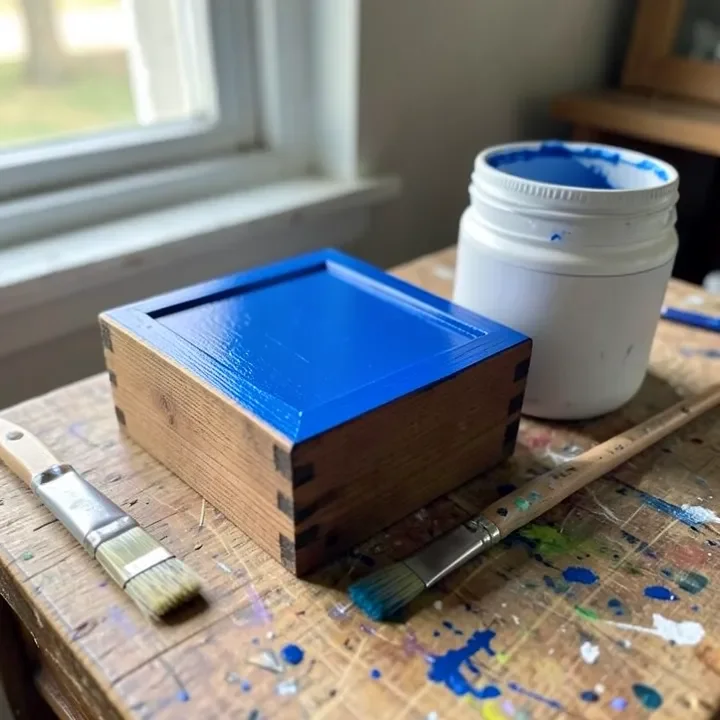 Freshly painted wooden box drying on a workbench