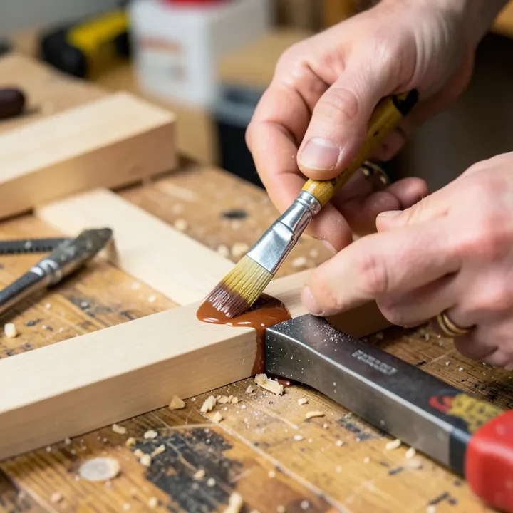 Applying mixed epoxy glue to a wood joint before clamping