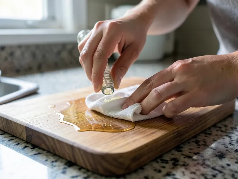 Applying food-grade mineral oil to a wood cutting board with a cloth