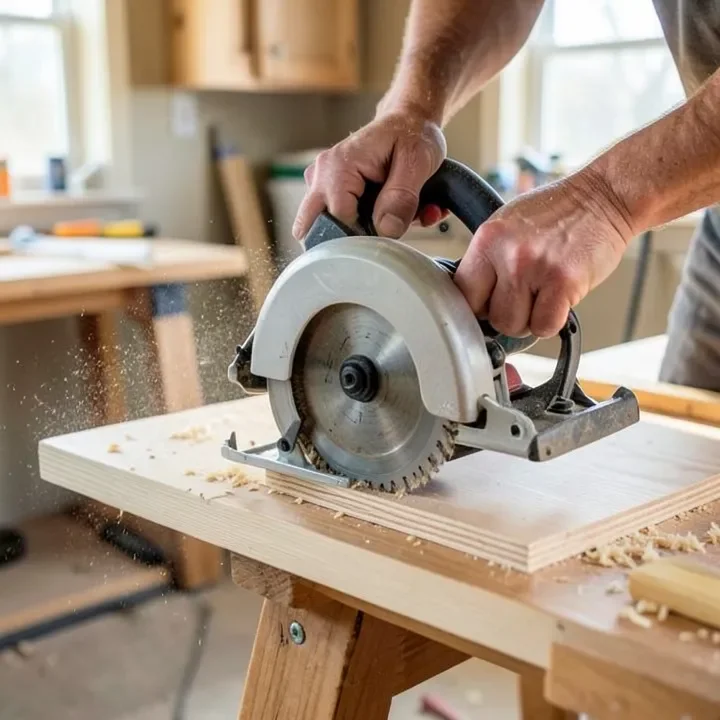 hands guiding a corded circular saw through plywood on sawhorses