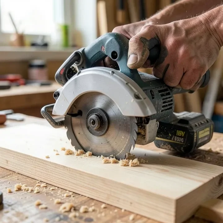cordless circular saw with battery pack cutting a wooden board