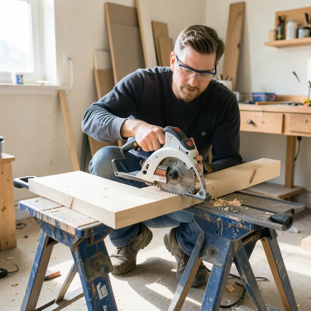 person using a corded circular saw to cut a 2x4 on sawhorses