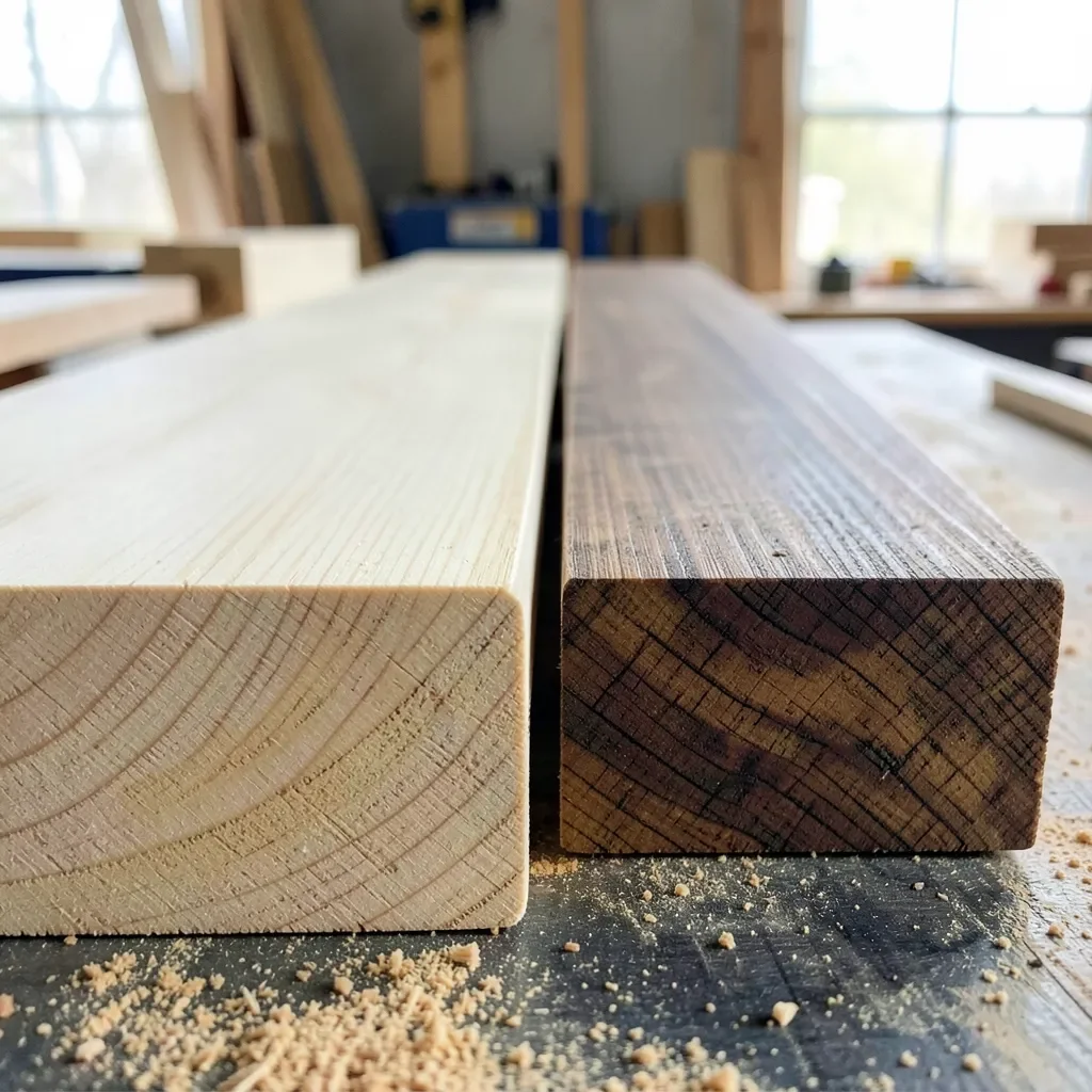 Two ash wood lumber stacks side by side showing the color difference between the species