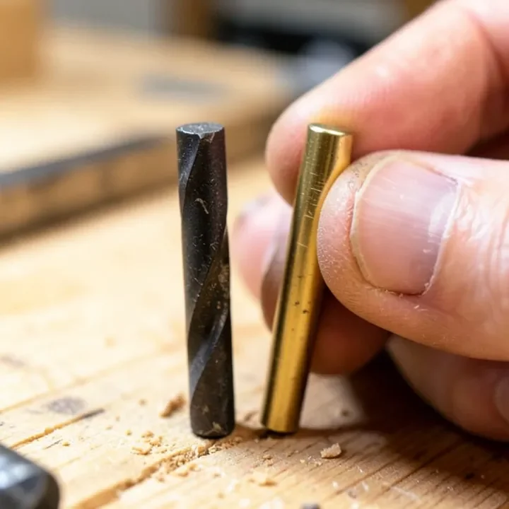Worn black oxide drill bit next to a new titanium-coated drill bit showing the coating wear difference